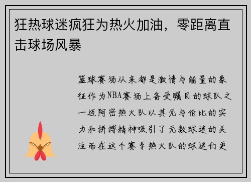 狂热球迷疯狂为热火加油，零距离直击球场风暴